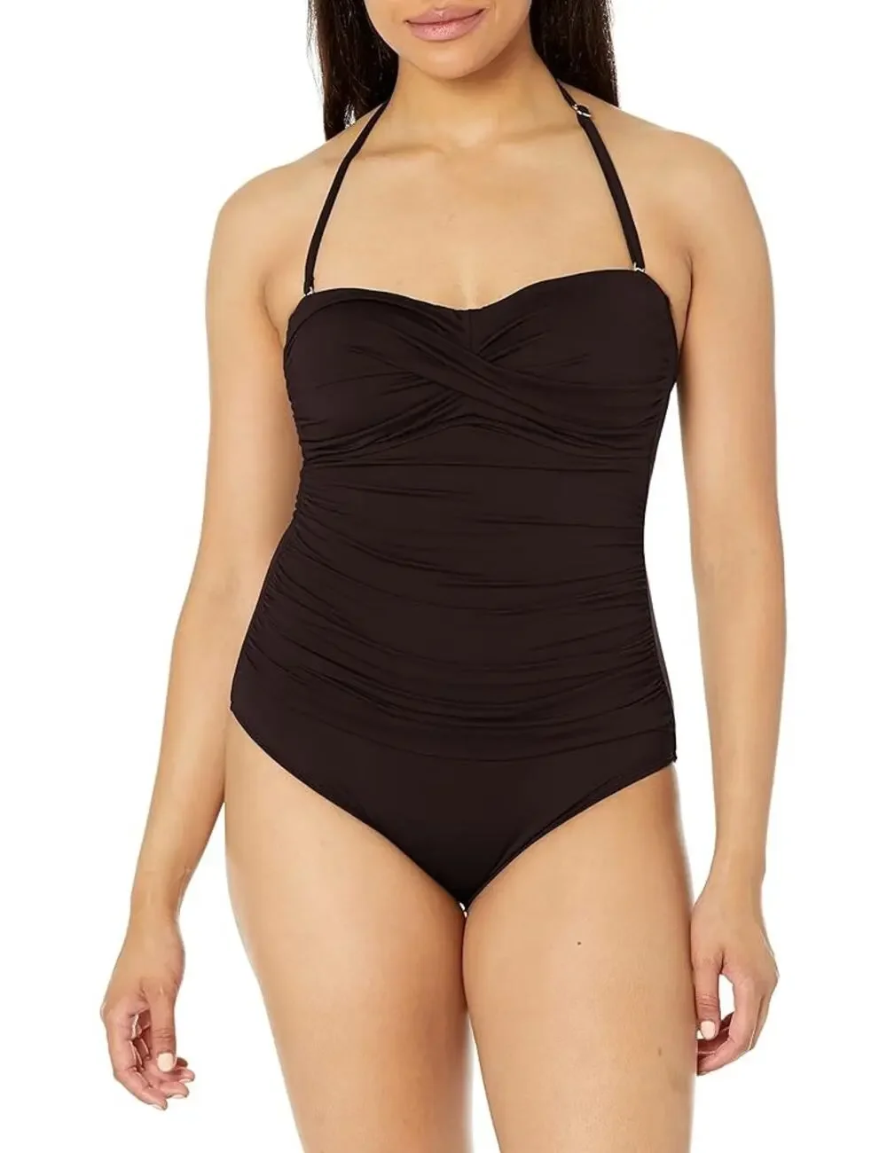 NWOT Unbranded Black Ruched One-Piece Halter Swim Bathing Suit Women's